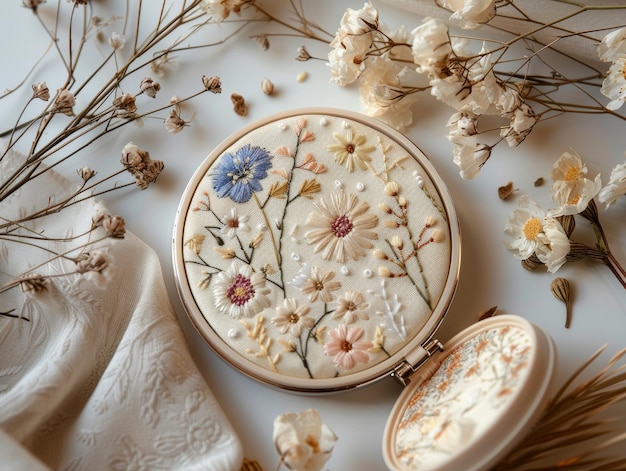 Ručná výšivka na látke, kvetinový motív